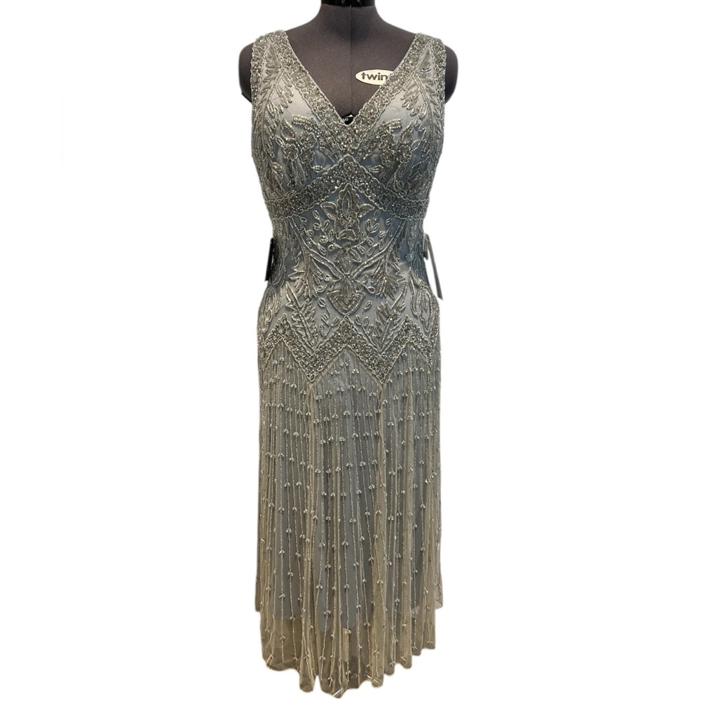 NWT Pisarro Nights Muted Blue Sleeveless Dress V Neck Beaded Embroidered 10 P